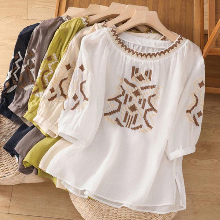 Buddha Stones Casual Symmetrical Embroidery Women's Crew Neck Design Half Sleeve Spandex T-shirt