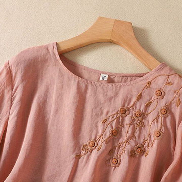 Buddha Stones Casual Embroidery Flower Branches Women's Crew Neck Design Long Sleeve Cotton T-shirt