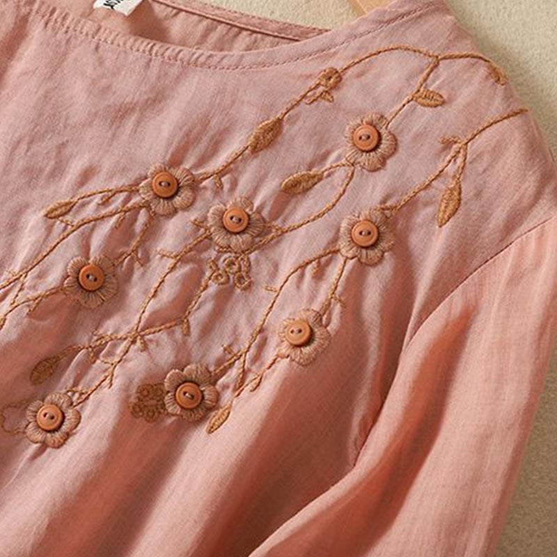 Buddha Stones Casual Embroidery Flower Branches Women's Crew Neck Design Long Sleeve Cotton T-shirt