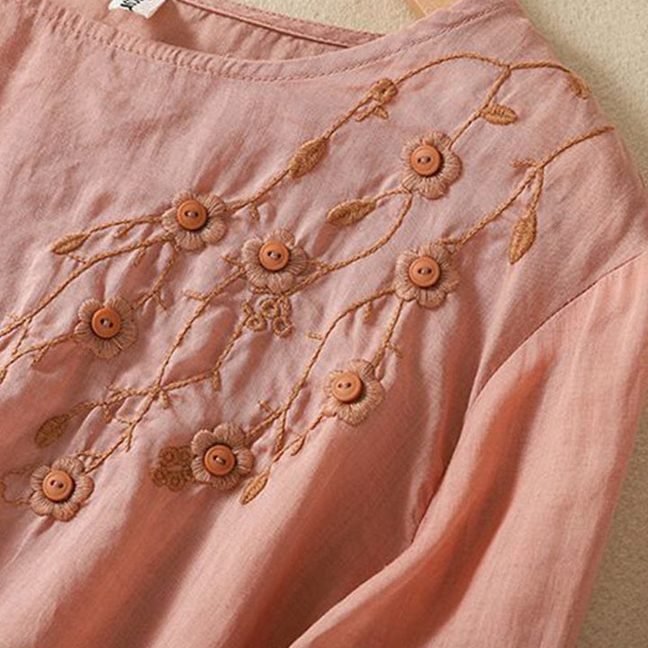 Buddha Stones Casual Embroidery Flower Branches Women's Crew Neck Design Long Sleeve Cotton T-shirt