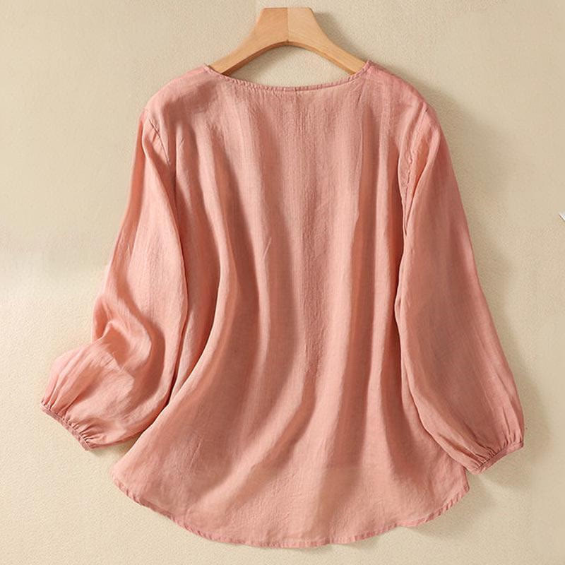 Buddha Stones Casual Embroidery Flower Branches Women's Crew Neck Design Long Sleeve Cotton T-shirt