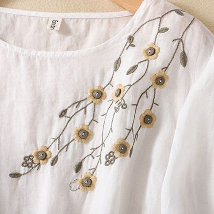 Buddha Stones Casual Embroidery Flower Branches Women's Crew Neck Design Long Sleeve Cotton T-shirt