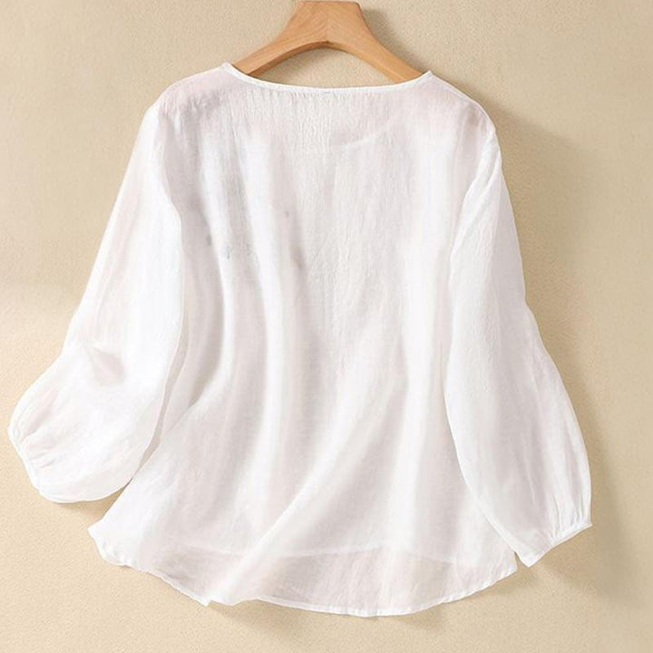 Buddha Stones Casual Embroidery Flower Branches Women's Crew Neck Design Long Sleeve Cotton T-shirt