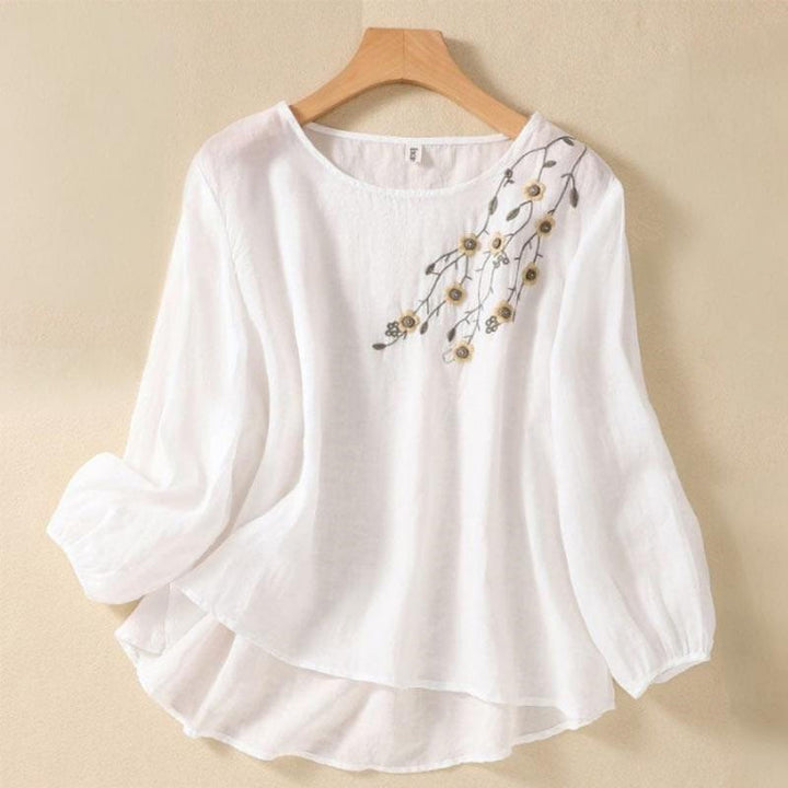 Buddha Stones Casual Embroidery Flower Branches Women's Crew Neck Design Long Sleeve Cotton T-shirt