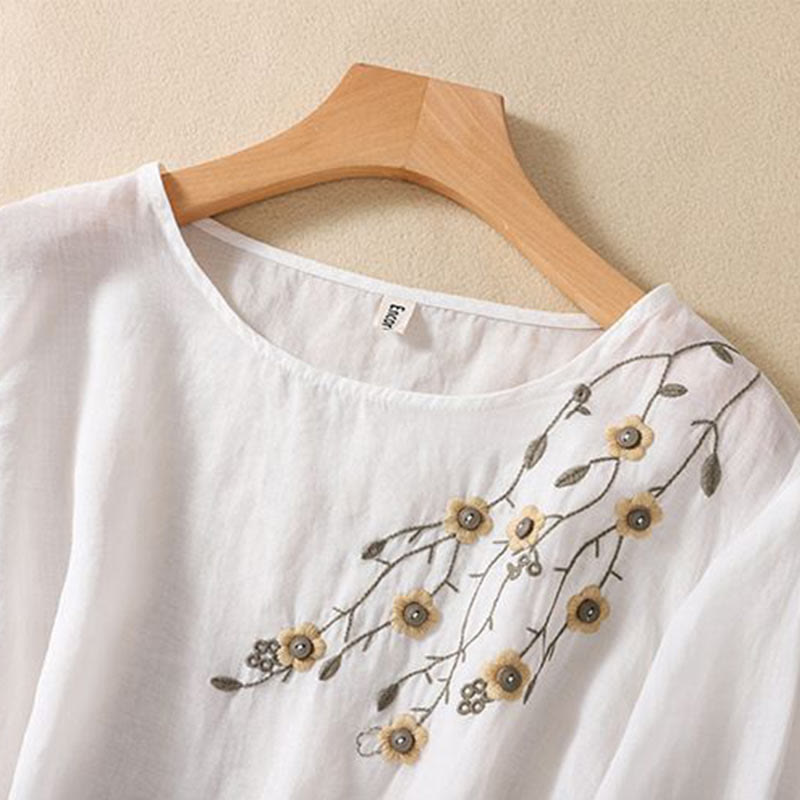 Buddha Stones Casual Embroidery Flower Branches Women's Crew Neck Design Long Sleeve Cotton T-shirt