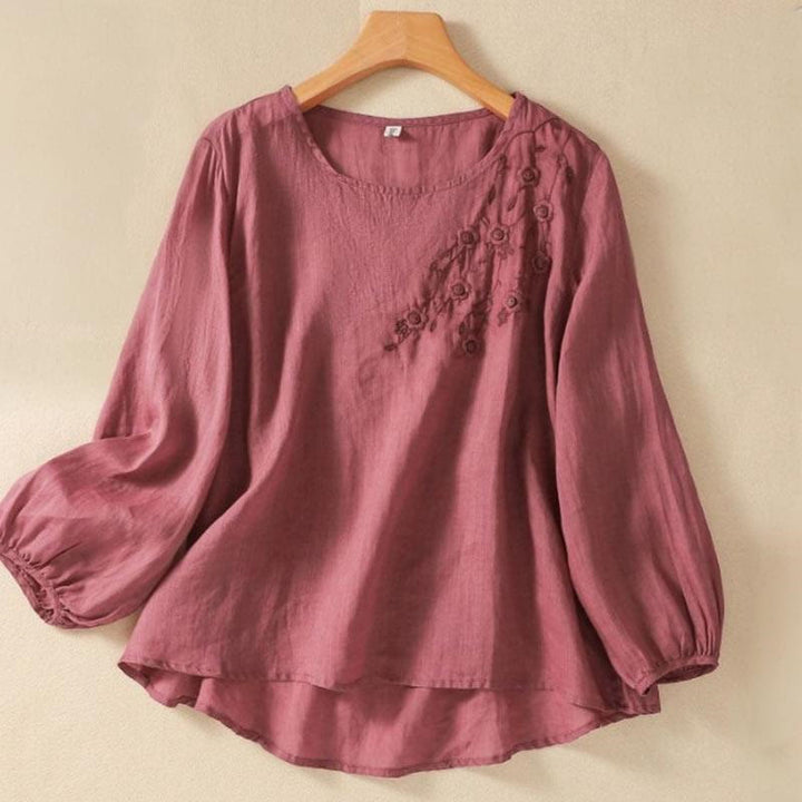 Buddha Stones Casual Embroidery Flower Branches Women's Crew Neck Design Long Sleeve Cotton T-shirt