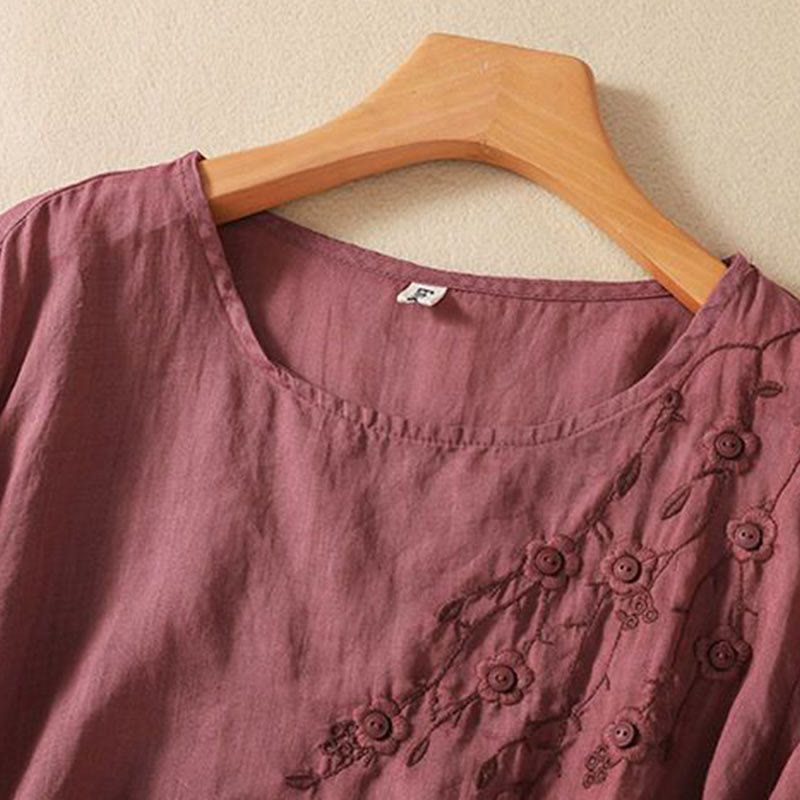 Buddha Stones Casual Embroidery Flower Branches Women's Crew Neck Design Long Sleeve Cotton T-shirt