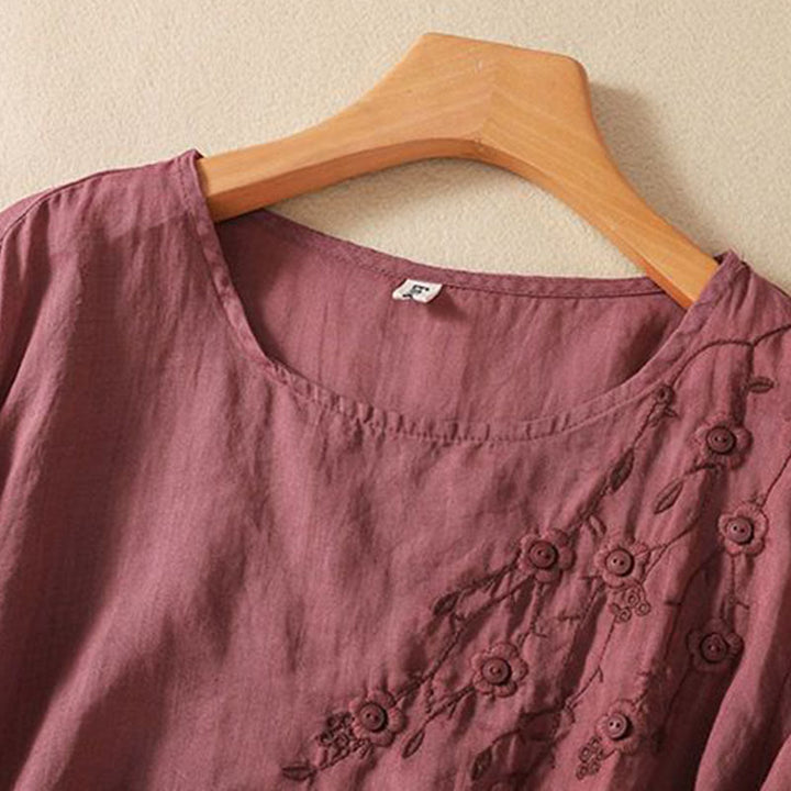 Buddha Stones Casual Embroidery Flower Branches Women's Crew Neck Design Long Sleeve Cotton T-shirt