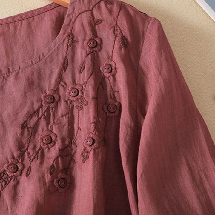 Buddha Stones Casual Embroidery Flower Branches Women's Crew Neck Design Long Sleeve Cotton T-shirt