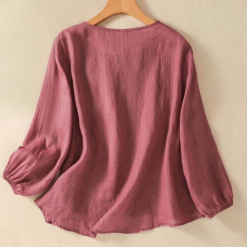 Buddha Stones Casual Embroidery Flower Branches Women's Crew Neck Design Long Sleeve Cotton T-shirt