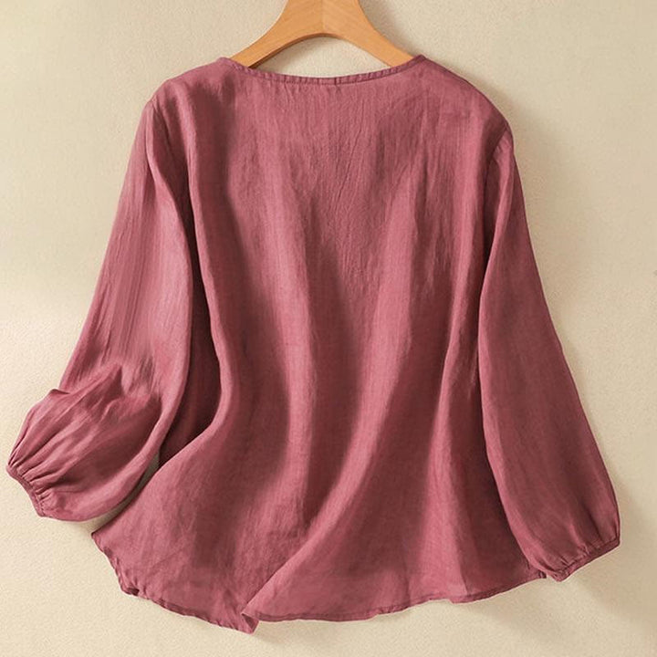 Buddha Stones Casual Embroidery Flower Branches Women's Crew Neck Design Long Sleeve Cotton T-shirt