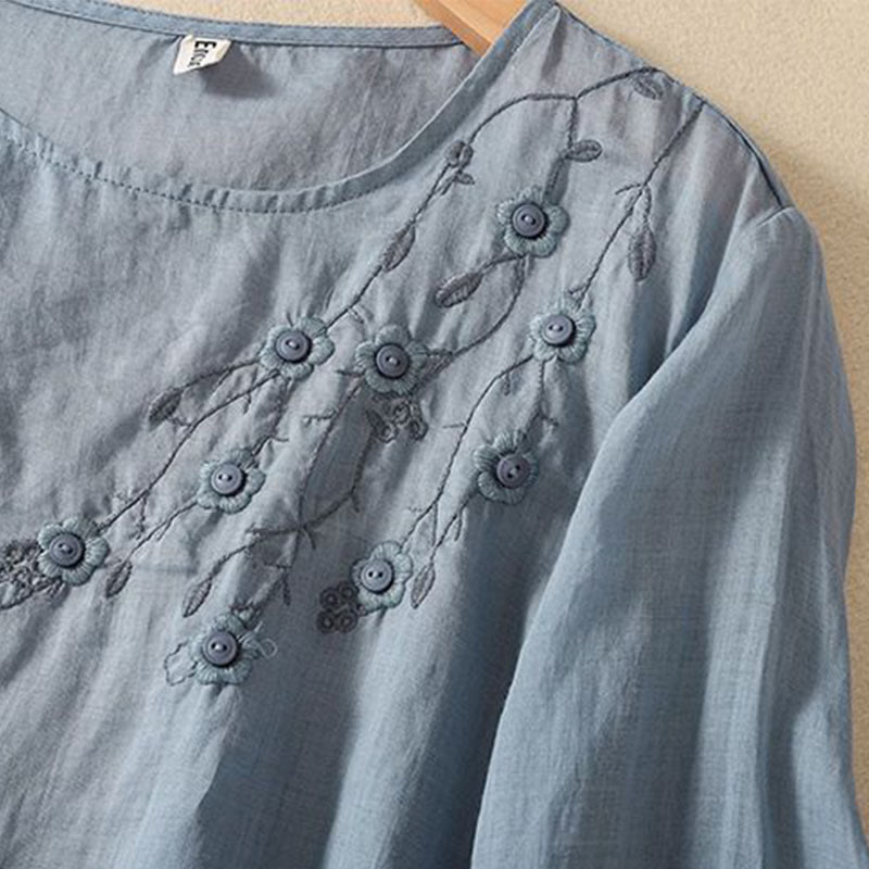 Buddha Stones Casual Embroidery Flower Branches Women's Crew Neck Design Long Sleeve Cotton T-shirt