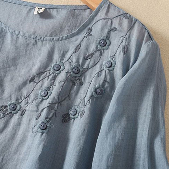 Buddha Stones Casual Embroidery Flower Branches Women's Crew Neck Design Long Sleeve Cotton T-shirt