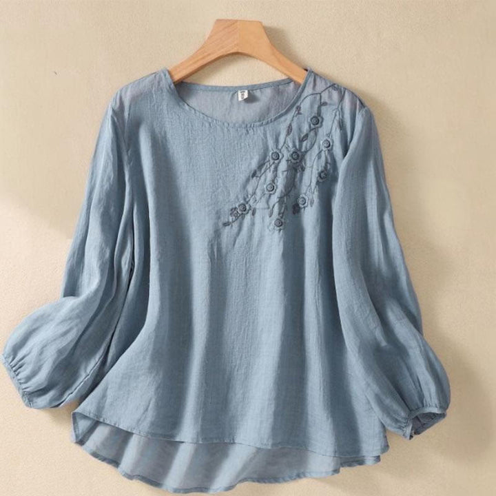 Buddha Stones Casual Embroidery Flower Branches Women's Crew Neck Design Long Sleeve Cotton T-shirt