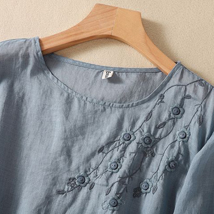Buddha Stones Casual Embroidery Flower Branches Women's Crew Neck Design Long Sleeve Cotton T-shirt