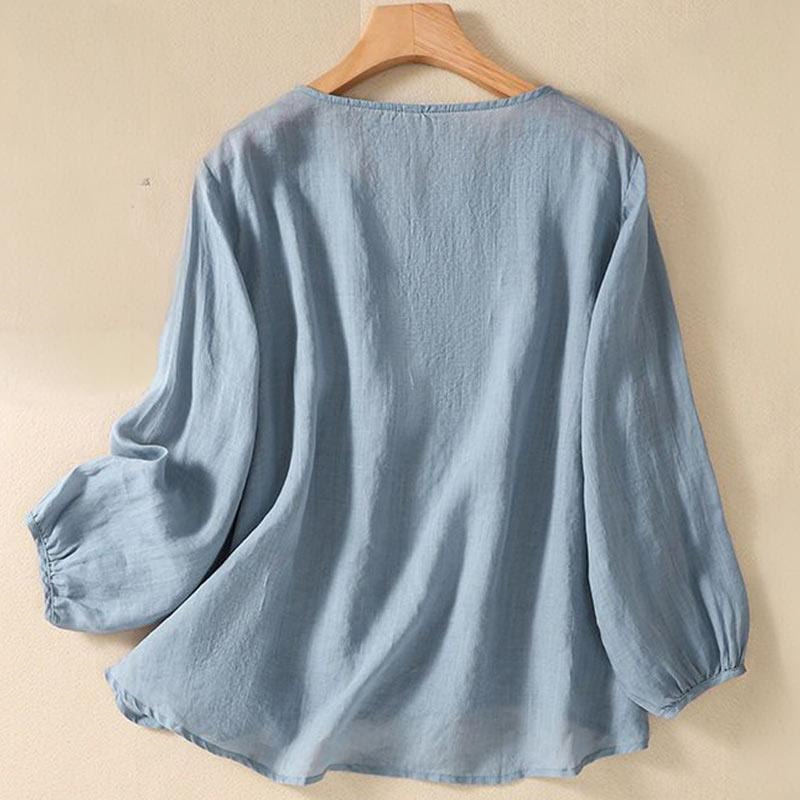 Buddha Stones Casual Embroidery Flower Branches Women's Crew Neck Design Long Sleeve Cotton T-shirt
