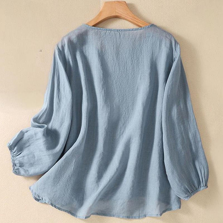 Buddha Stones Casual Embroidery Flower Branches Women's Crew Neck Design Long Sleeve Cotton T-shirt