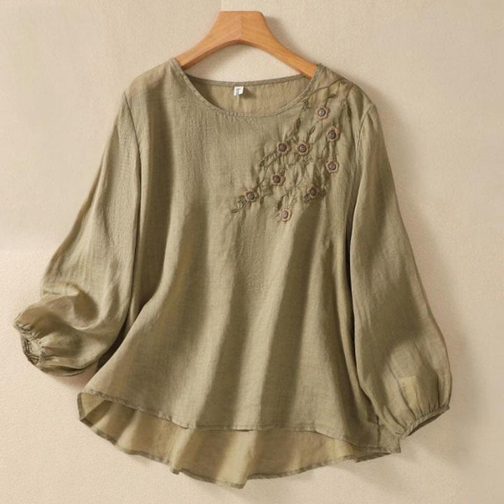 Buddha Stones Casual Embroidery Flower Branches Women's Crew Neck Design Long Sleeve Cotton T-shirt