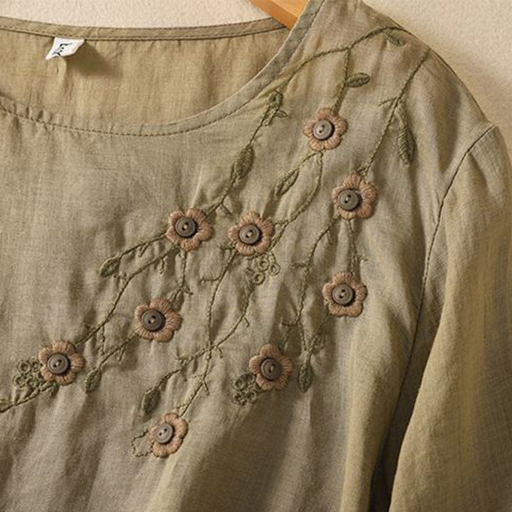 Buddha Stones Casual Embroidery Flower Branches Women's Crew Neck Design Long Sleeve Cotton T-shirt