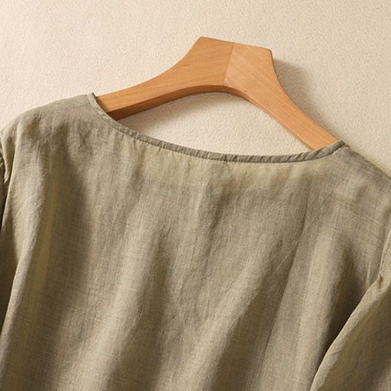 Buddha Stones Casual Embroidery Flower Branches Women's Crew Neck Design Long Sleeve Cotton T-shirt