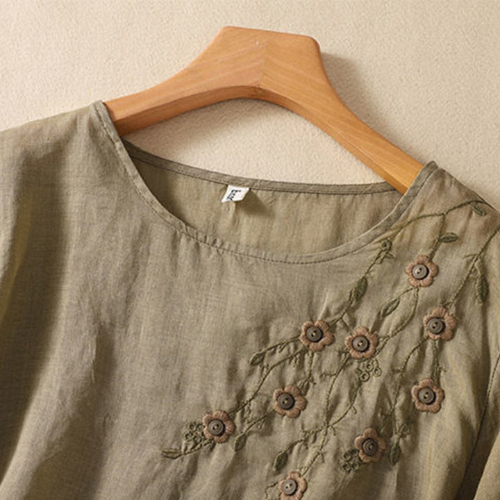 Buddha Stones Casual Embroidery Flower Branches Women's Crew Neck Design Long Sleeve Cotton T-shirt