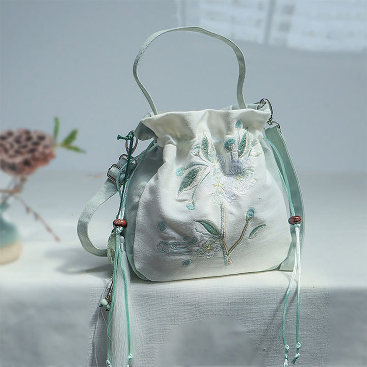 Buddha Stones Embroidered Green Pear Blossom Canvas Tote Crossbody Bag Shoulder Bag Handbag