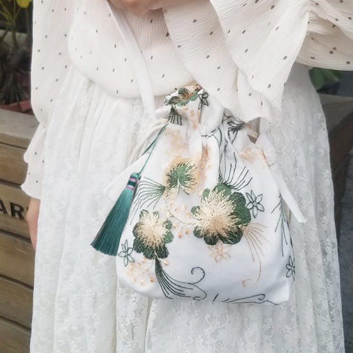 Buddha Stones Embroidered Flowers Cherry Blossoms Vine Canvas Crossbody Bag Shoulder Bag