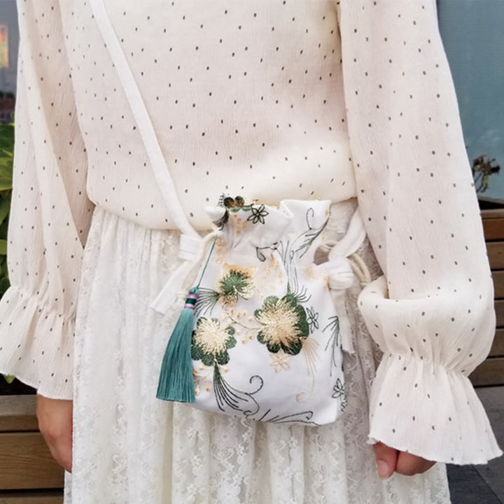 Buddha Stones Embroidered Flowers Cherry Blossoms Vine Canvas Crossbody Bag Shoulder Bag