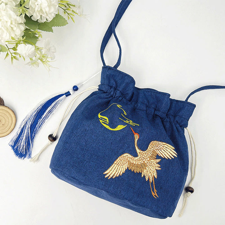 Buddha Stones Embroidered Navy Blue Crane Cotton Linen Crossbody Bag Shoulder Bag