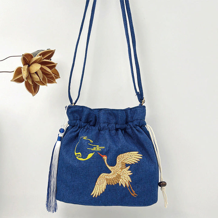 Buddha Stones Embroidered Navy Blue Crane Cotton Linen Crossbody Bag Shoulder Bag