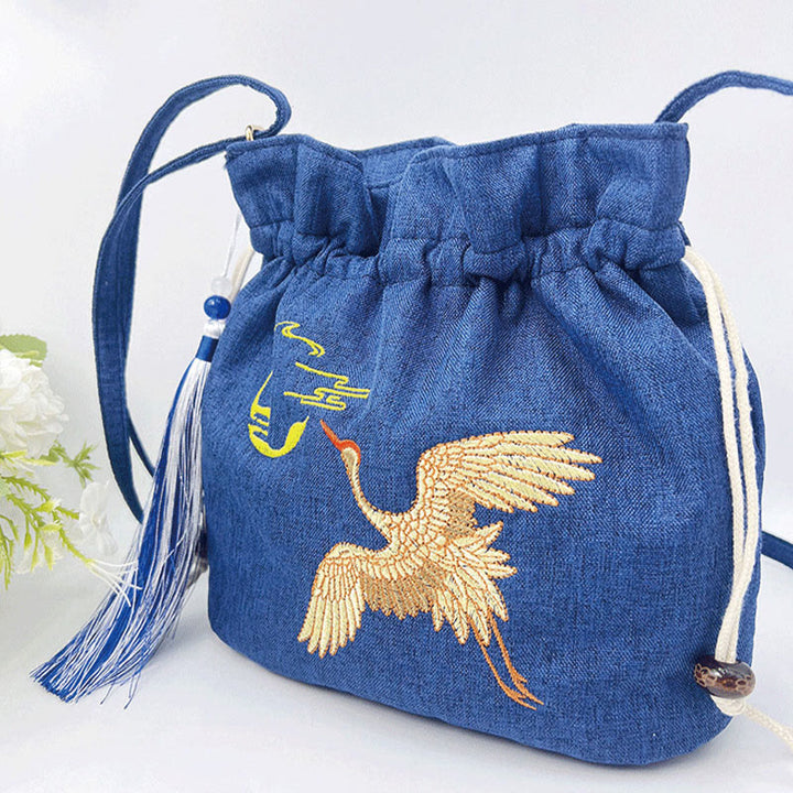 Buddha Stones Embroidered Navy Blue Crane Cotton Linen Crossbody Bag Shoulder Bag