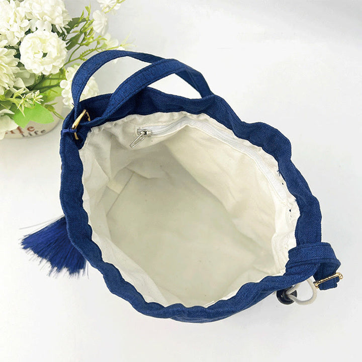 Buddha Stones Embroidered Navy Blue Crane Cotton Linen Crossbody Bag Shoulder Bag