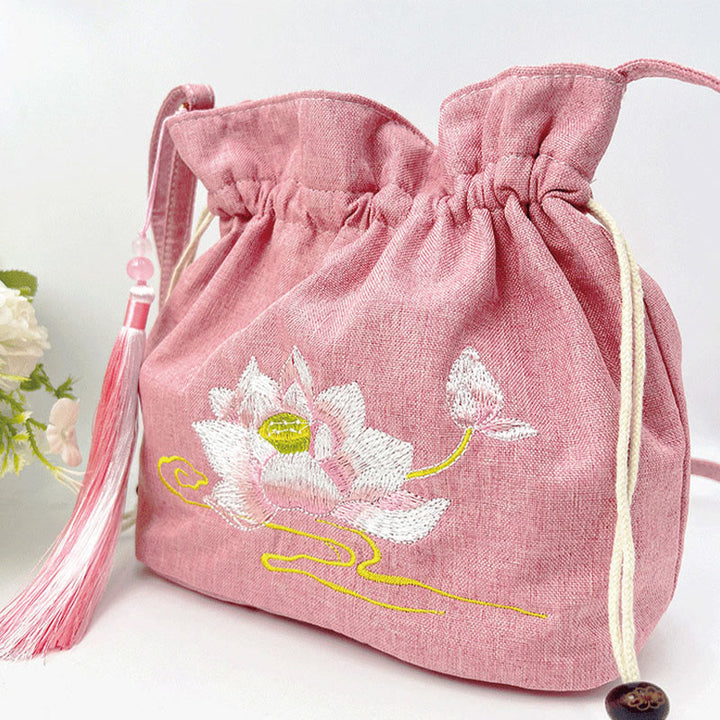 Buddha Stones Embroidered Light Pink Lotus Cotton Linen Crossbody Bag Shoulder Bag