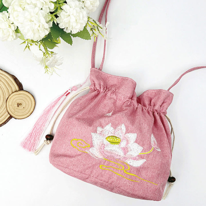 Buddha Stones Embroidered Light Pink Lotus Cotton Linen Crossbody Bag Shoulder Bag