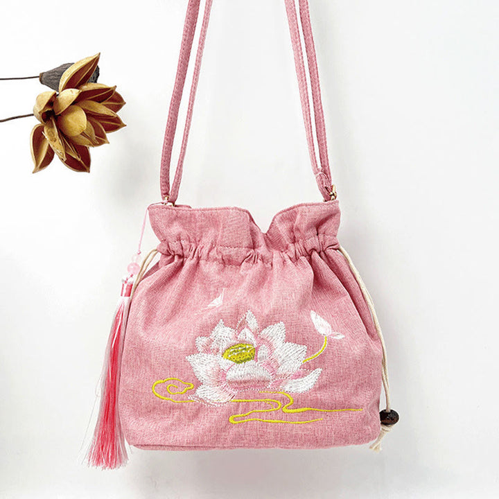 Buddha Stones Embroidered Light Pink Lotus Cotton Linen Crossbody Bag Shoulder Bag
