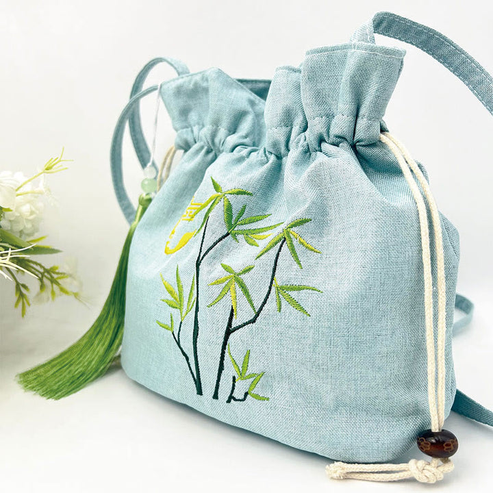 Buddha Stones Embroidered Green Bamboo Cotton Linen Crossbody Bag Shoulder Bag