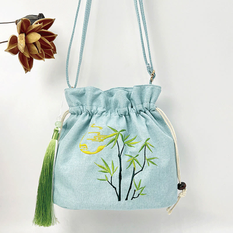 Buddha Stones Embroidered Green Bamboo Cotton Linen Crossbody Bag Shoulder Bag