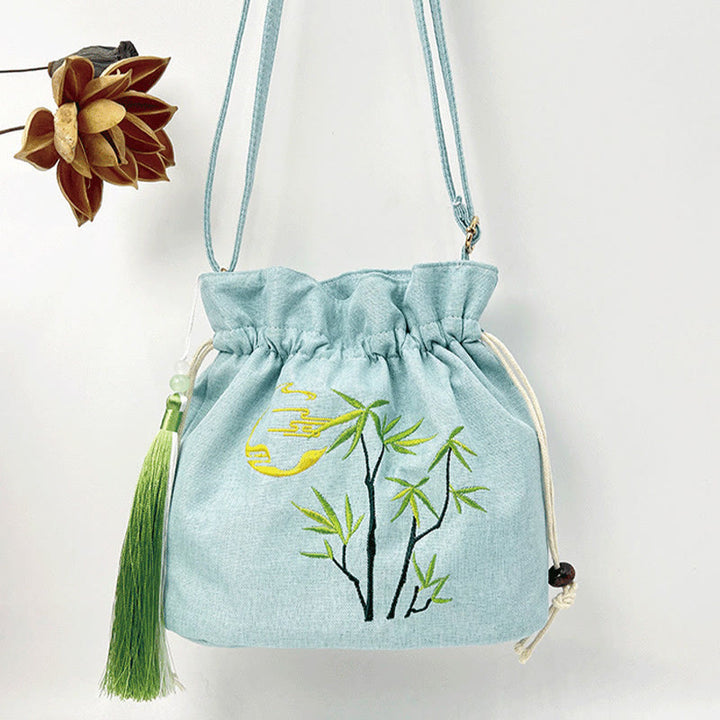 Buddha Stones Embroidered Green Bamboo Cotton Linen Crossbody Bag Shoulder Bag