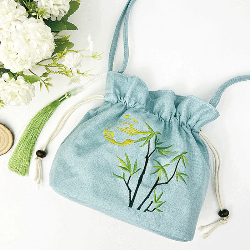 Buddha Stones Embroidered Green Bamboo Cotton Linen Crossbody Bag Shoulder Bag