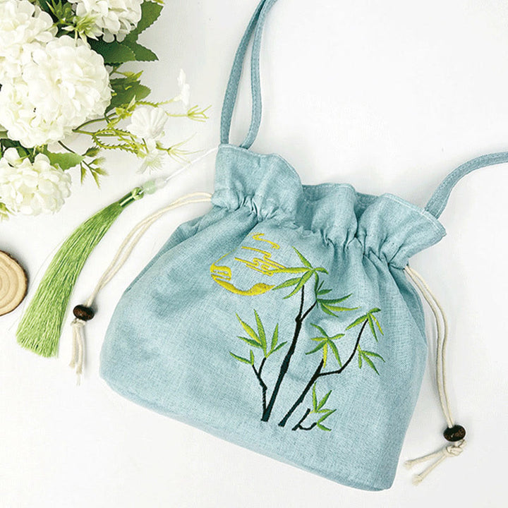 Buddha Stones Embroidered Green Bamboo Cotton Linen Crossbody Bag Shoulder Bag