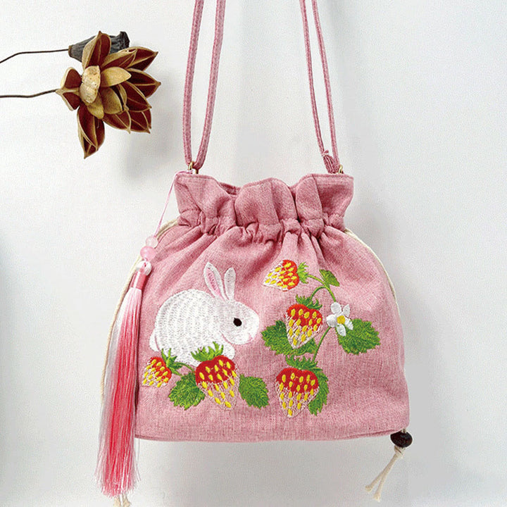Buddha Stones Embroidered Pink Strawberry Rabbit Cotton Linen Crossbody Bag Shoulder Bag