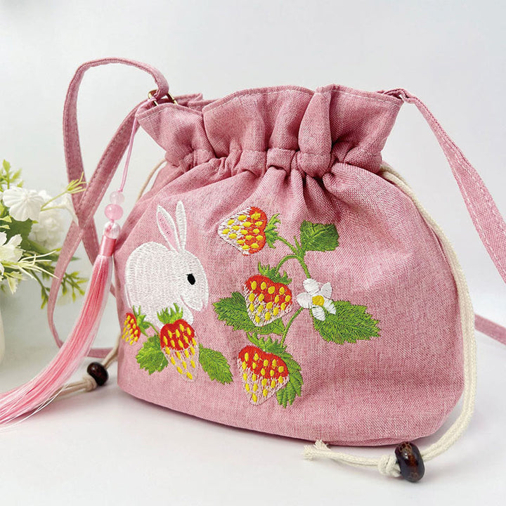 Buddha Stones Embroidered Pink Strawberry Rabbit Cotton Linen Crossbody Bag Shoulder Bag