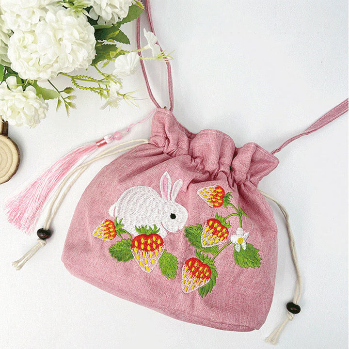 Buddha Stones Embroidered Pink Strawberry Rabbit Cotton Linen Crossbody Bag Shoulder Bag