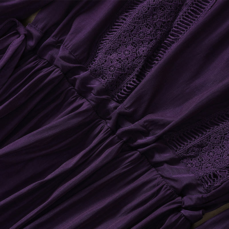 Buddha Stones Summer Solid Color Long Lantern Sleeve Drawstring Cotton Linen Women's Maxi Dress With Pockets - image 23