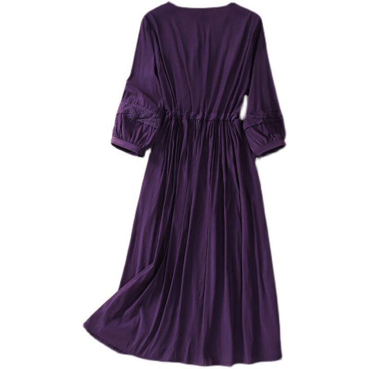 Buddha Stones Summer Solid Color Long Lantern Sleeve Drawstring Cotton Linen Women's Maxi Dress With Pockets