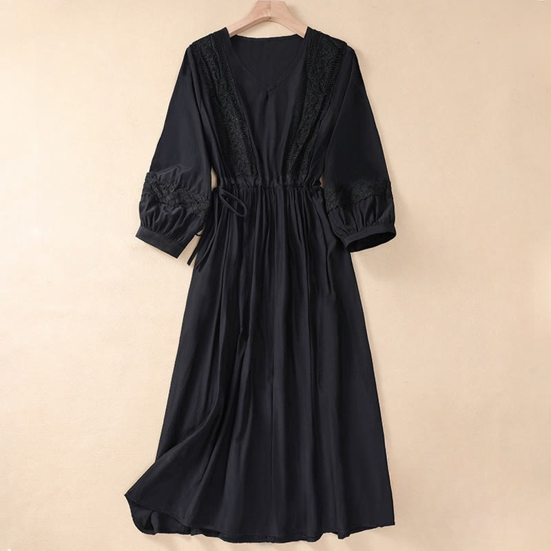 Buddha Stones Summer Solid Color Long Lantern Sleeve Drawstring Cotton Linen Women's Maxi Dress With Pockets