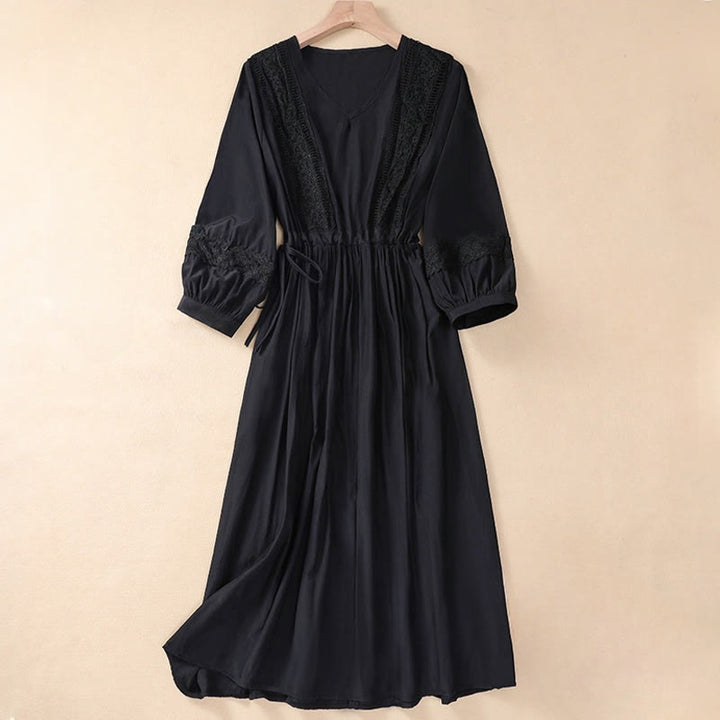 Buddha Stones Summer Solid Color Long Lantern Sleeve Drawstring Cotton Linen Women's Maxi Dress With Pockets