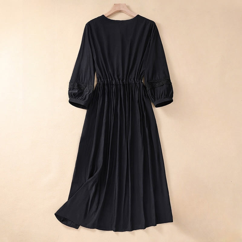 Buddha Stones Summer Solid Color Long Lantern Sleeve Drawstring Cotton Linen Women's Maxi Dress With Pockets