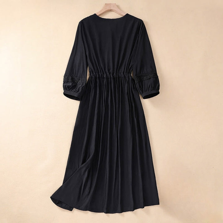 Buddha Stones Summer Solid Color Long Lantern Sleeve Drawstring Cotton Linen Women's Maxi Dress With Pockets