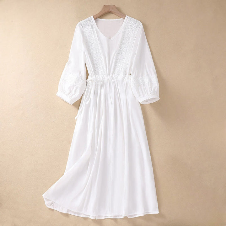 Buddha Stones Summer Solid Color Long Lantern Sleeve Drawstring Cotton Linen Women's Maxi Dress With Pockets
